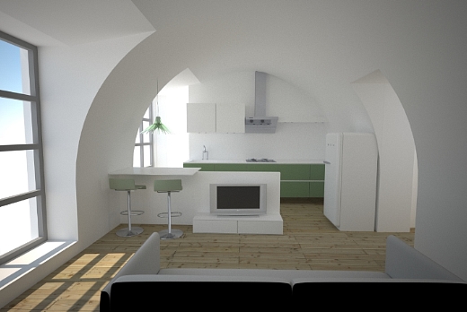 Locale con pavimenti in legno a listoni e soffitti a volte intonacate