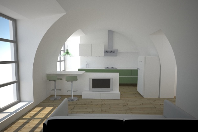 Locale con pavimenti in legno a listoni e soffitti a volte intonacate